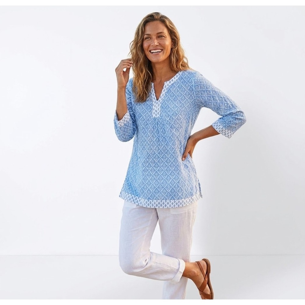 Nomadic Traders Womens Large Blue White Cotton Block Print V-Neck Tunic Blouse